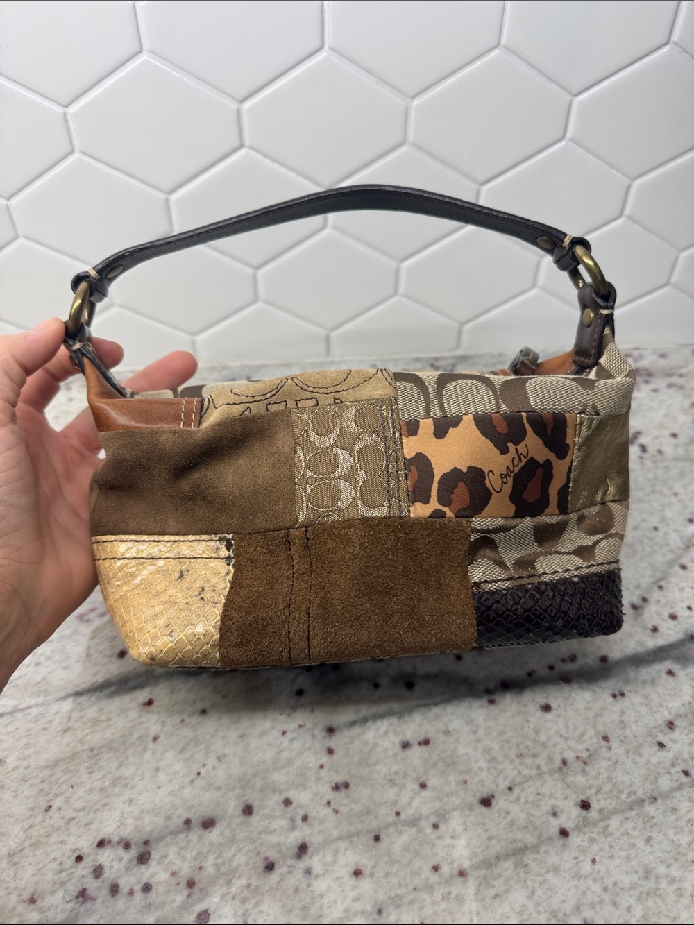 Vintage Coach Patchwork Mini Bag – Y2K Mixed Media Jacquard, Leopard & Snakeskin